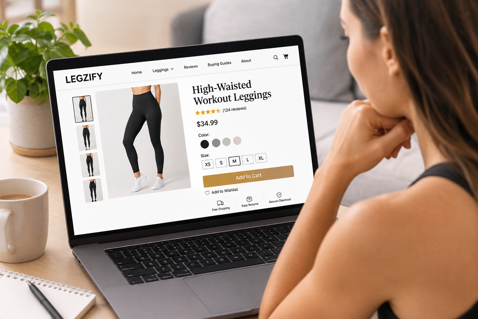 Affiliate disclosure &ndash; woman shopping for leggings online on a lapto
